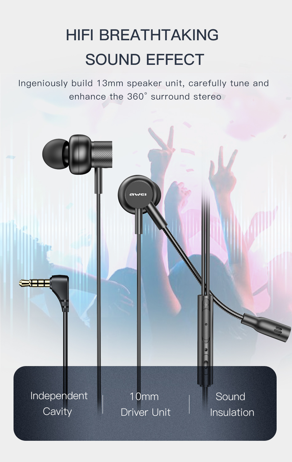 AWEI ES-180I IN-EAR GAMING EARPHONES 3.5MM PLUG WITH MICROPHONE FOR PHONE, COMPUTER