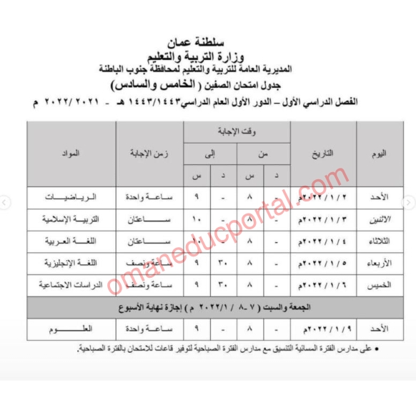 جدول امتحانات الصفوف ( 5-11 ) لمحافظة جنوب الباطنة الفصل الاول الدور الاول 2021-2022