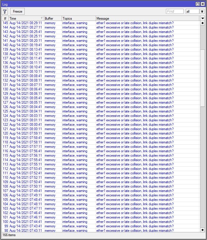 cara mengatasi ether1 excessive or late collision, link duplex mismatch di mikrotik