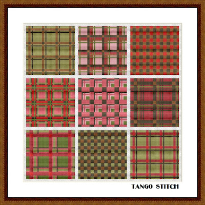 Red brown green tartan ornament cross stitch pattern