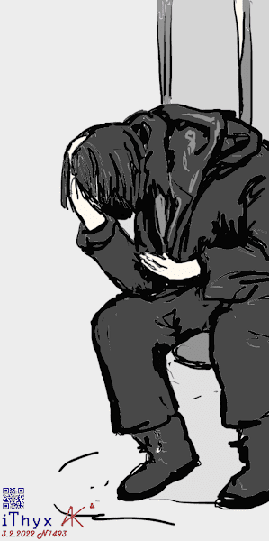 Длинноволосый парень, в чёрной одежде, погрузившийся в телефон с головой, рисунок на телефоне сделал художник Андрей Бондаренко @iThyx_AK