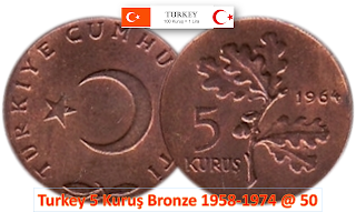 Turkey 5 Kuruş Bronze 1958-1974 @ 50