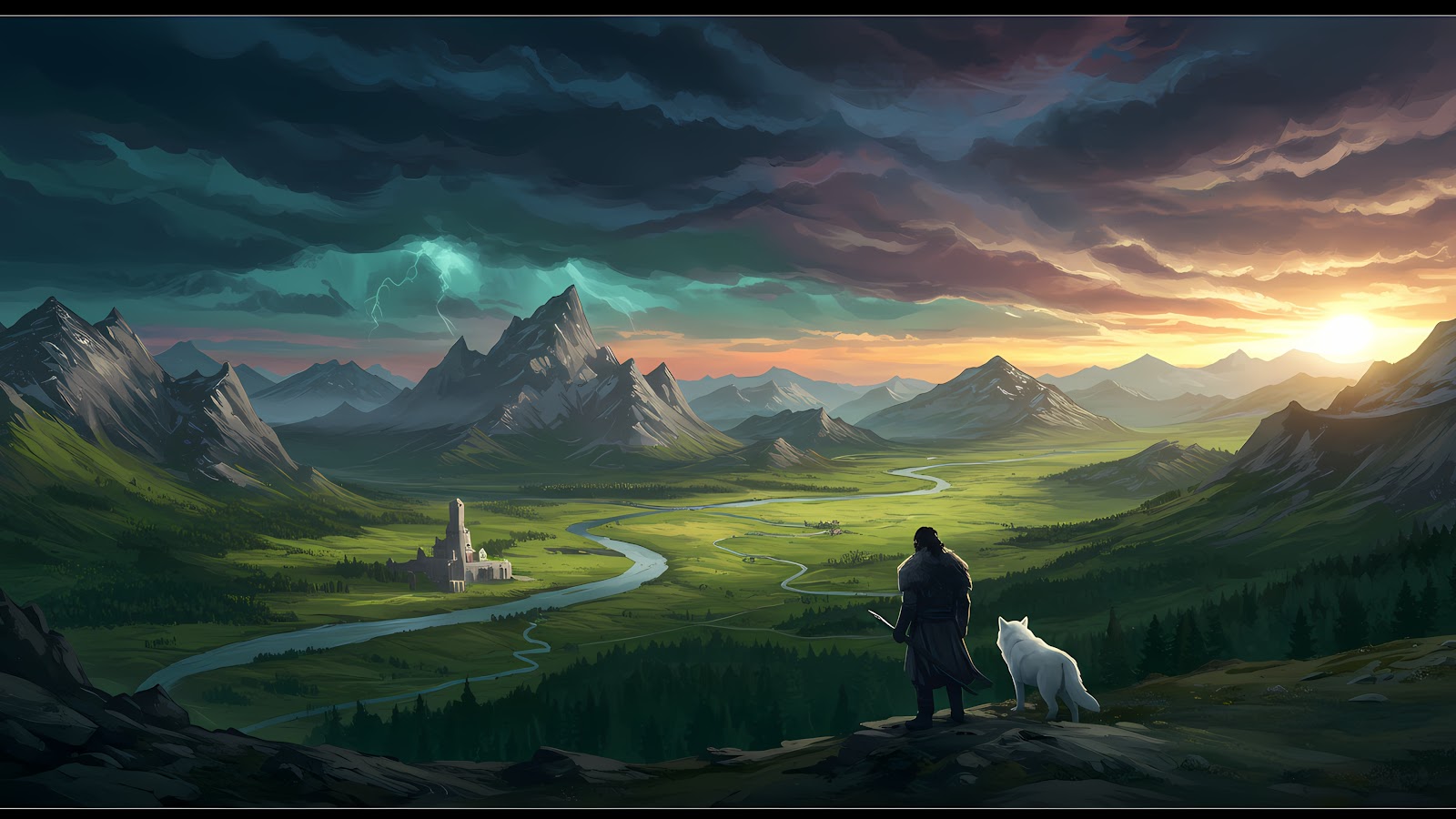 Landscape illustration resembling Jon Snow and Ghost from Game of Thrones, overlooking a valley with a river and castle