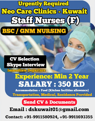 Urgently Required Staff Nurses (F) for a Neo Care Clinics, Kuwait