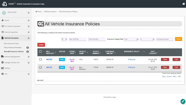 A listing of all vehicle insurance policies