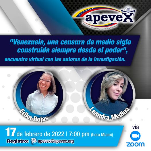 EVENTO: APEVEX invita a presentación virtual "Venezuela una censura de medio siglo construida siempre desde el poder".