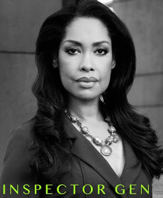 Black and white photo of Gina Torres with caption Inspector Gen in light green