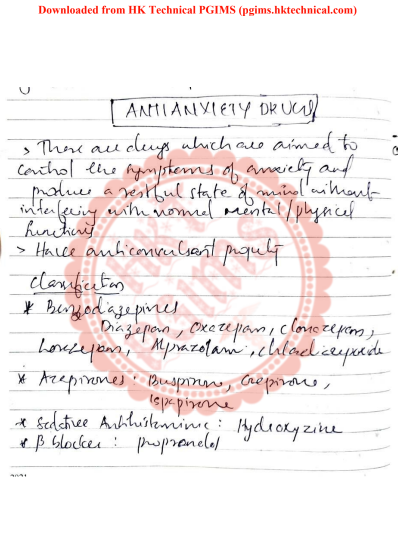 BP404T Anti anxiety drugs cology 4th Semester B.Pharmacy ,BP404T Pharmacology I,BPharmacy,Handwritten Notes,Important Exam Notes,BPharm 4th Semester,
