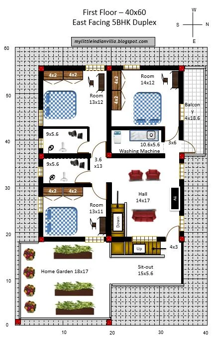 Layout 40x60 Duplex House Plans East Facing