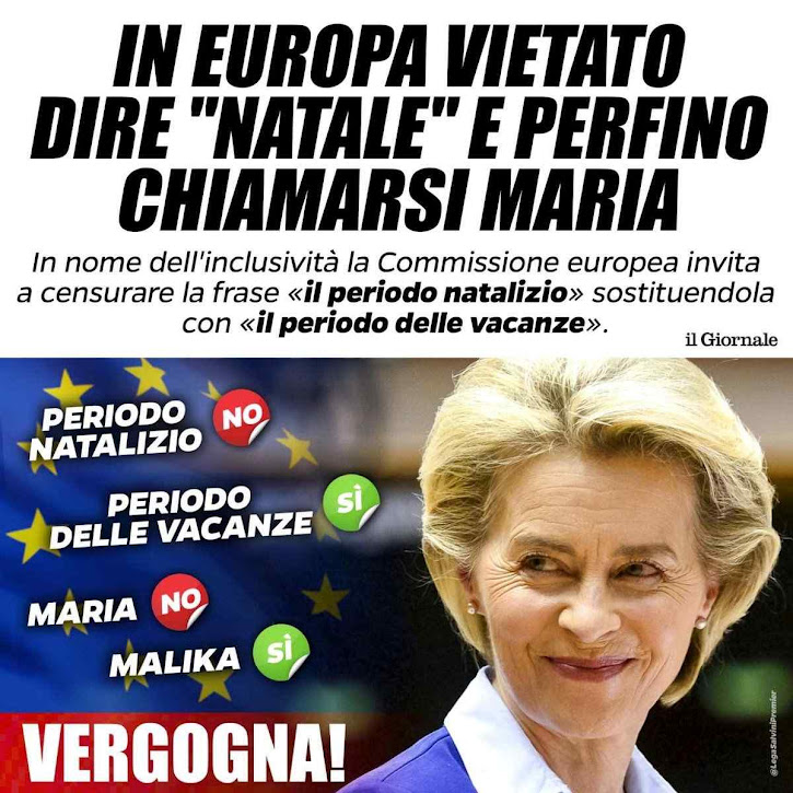 Na EU proibido falar 'Natal'. 'Il Giornale' de Milão. Na foto a presidente da Comissão Europeia Ursula von der Leyen