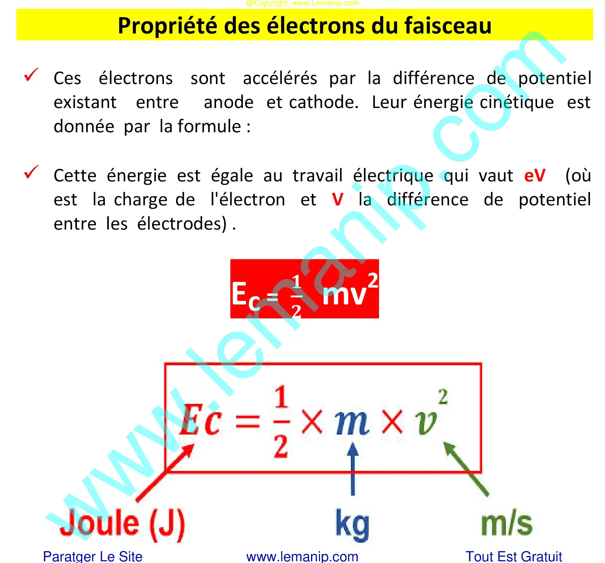 Propriété des électrons du faisceau