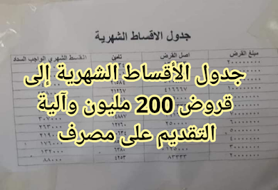 جدول الأقساط الشهرية إلى قروض 200 مليون وآلية التقديم على مصرف