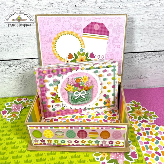 Easter Box and scrapbook mini album with flowers, jelly beans, and Easter eggs