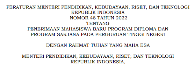 PERATURAN MENDIKBUD TENTANG PENERIMAAN MAHASISWA BARU PROGRAM DIPLOMA DAN PROGRAM SARJANA PADA PERGURUAN TINGGI NEGERI