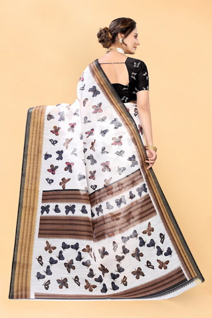 White and Black Cotton Printed Casual Saree