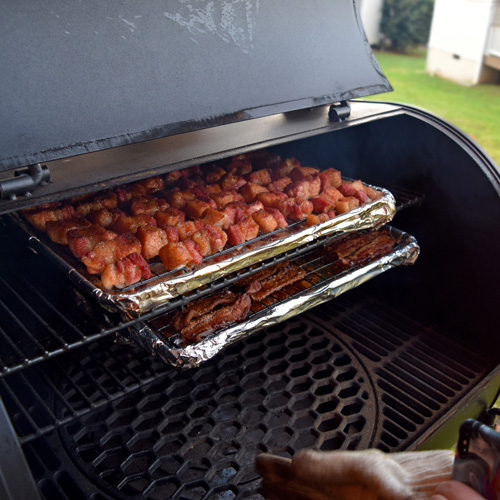 smoking Pork Belly Burnt Ends or Pork Belly BBQ Bites on a pellet grill