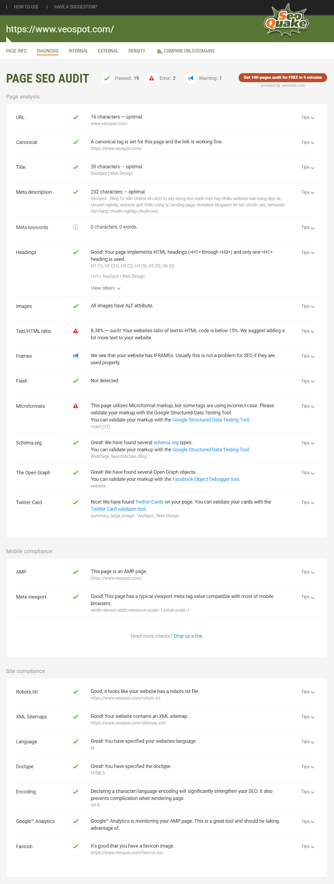 Điểm SEO check thử về template blogspot Goo AMP