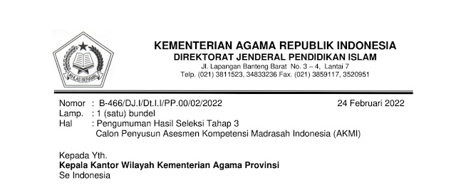 Pengumuman Hasil Seleksi Tahap 3 Calon Penyusun Asesmen Kompetensi Madrasah Indonesia (AKMI)