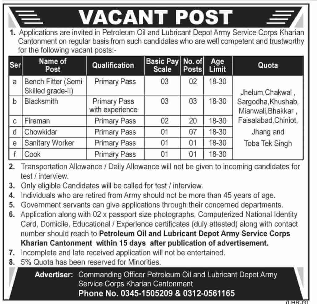 Petroleum Oil and Lubricants Depot Army Service Corps Jobs 2021