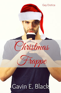 Gay Holiday Erotica bookcover for Christmas Frappe showing man with santa hat holding a coffee