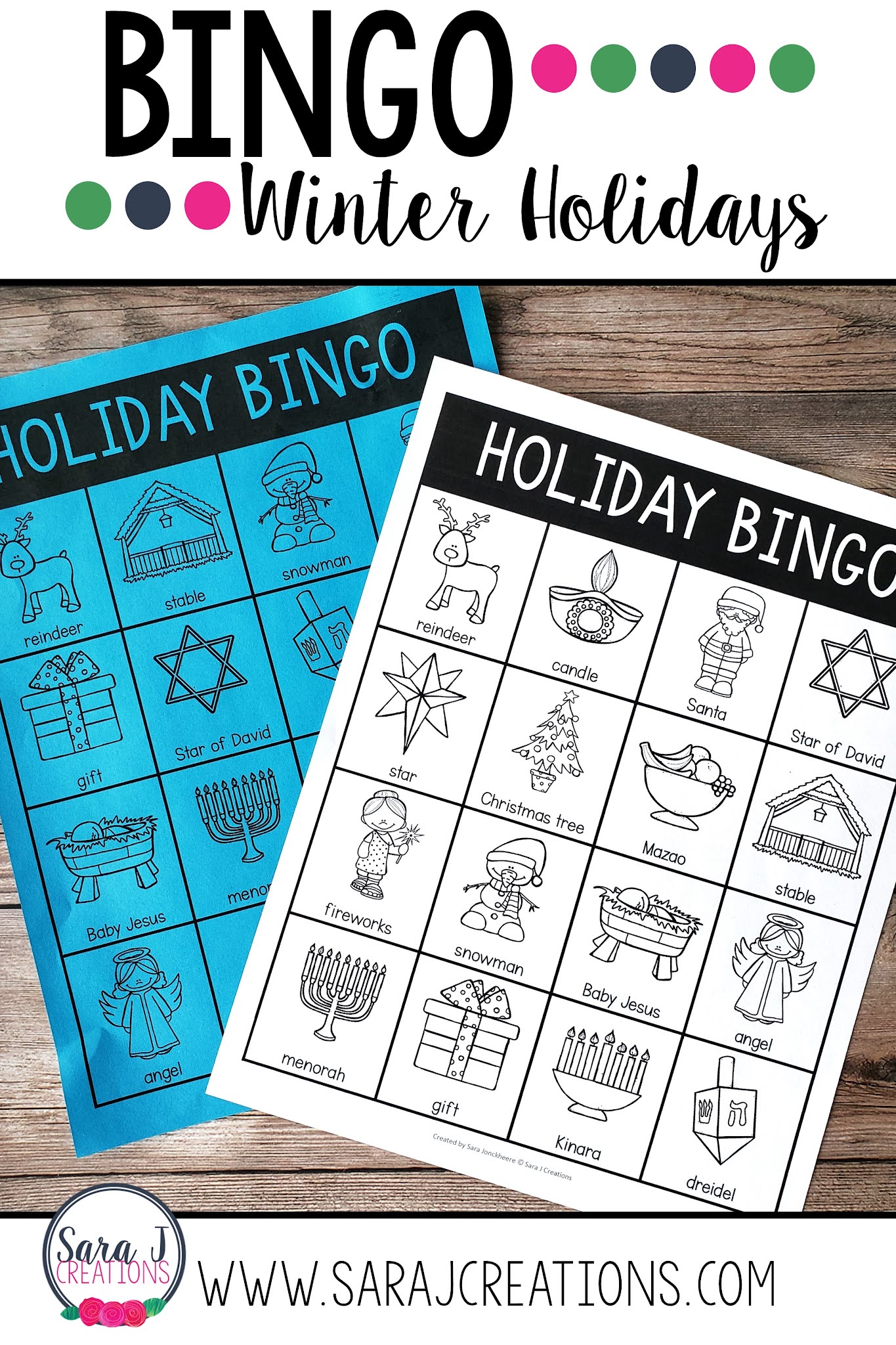 Holiday Celebrations Bingo includes pictures with words for winter holidays including Christmas, Kwanzaa, Hanukkah, Diwali and winter.A class set of games boards is included in color and black and white. Each board is different which makes this perfect to print and play! Perfect for your classroom holiday party!