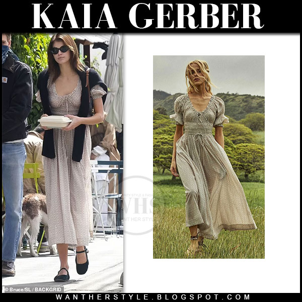 Kaia Gerber in beige floral print maxi dress and black shoes