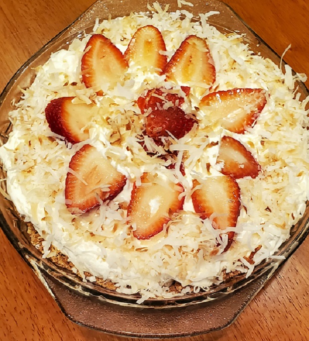 strawberry sweetened condensed milk pie with toasted coconut