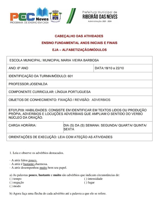 Atividade de Língua Portuguesa 6 Ano - 18/10 a 22/10 -  Professora Josenilda 