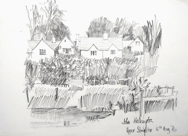 A pencil sketch of houses in Upper Slaughter from the banks of the River Eye, "Upper Slaughter," by William Walkington in 1976