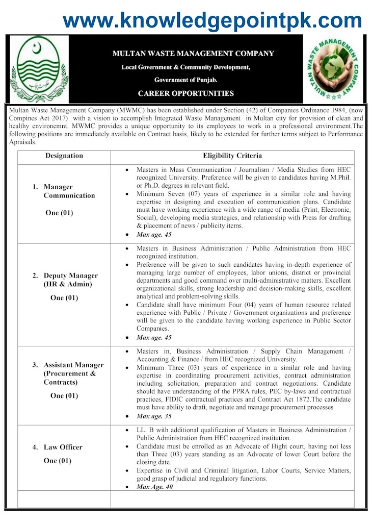 Multan Waste Management Company MWMC Latest Jobs 2021 via PTS