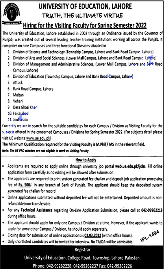 EU Lahore Education University Jobs 2022-Online Apply