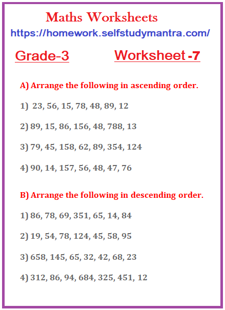 Maths worksheet for Class 3: Exercise - 7 (Ascending Order and Descending Order)