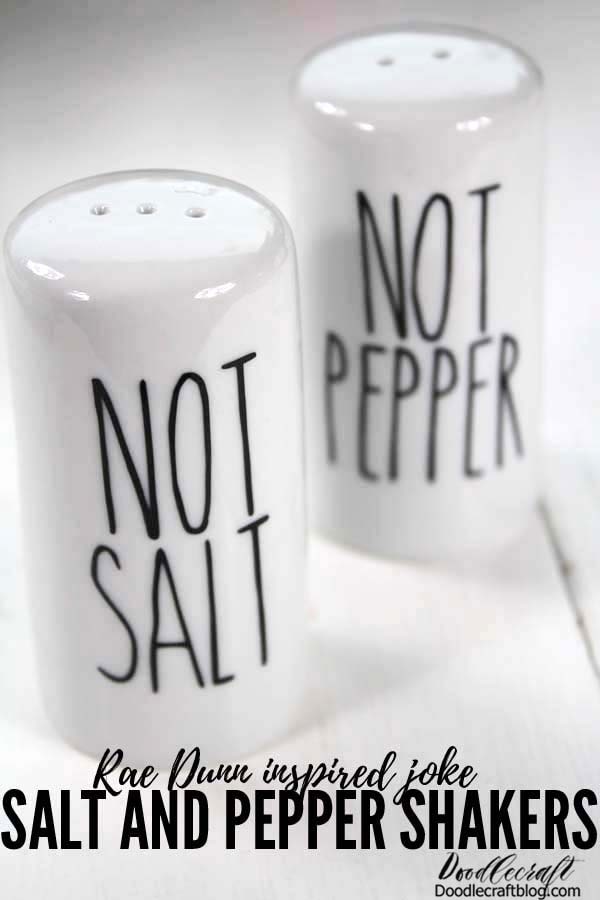 Rae Dunn Inspired Salt and Pepper Shakers DIY Make the perfect "Not Salt" and "Not Pepper" shakers for April Fool's day! This fun Rae Dun inspired craft is done easily with the Cricut and adhesive vinyl.   In just a few minutes you'll have the most confusing spice containers for a April Fool's day dinner, white elephant gift or just to be quirky!