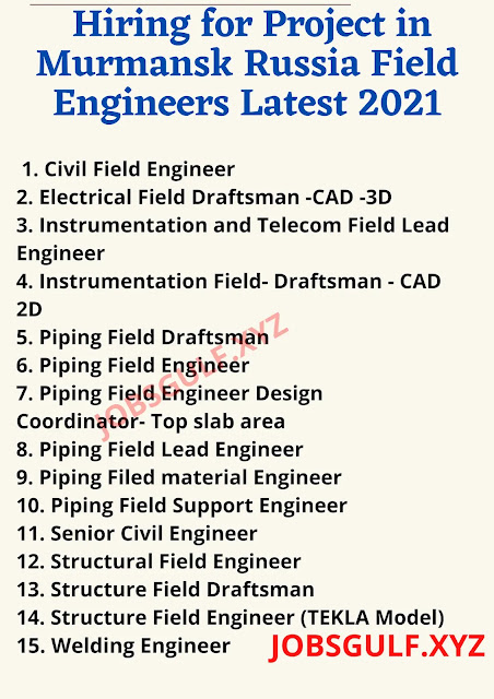 Hiring for Project in Murmansk Russia Field Engineers Latest 2021