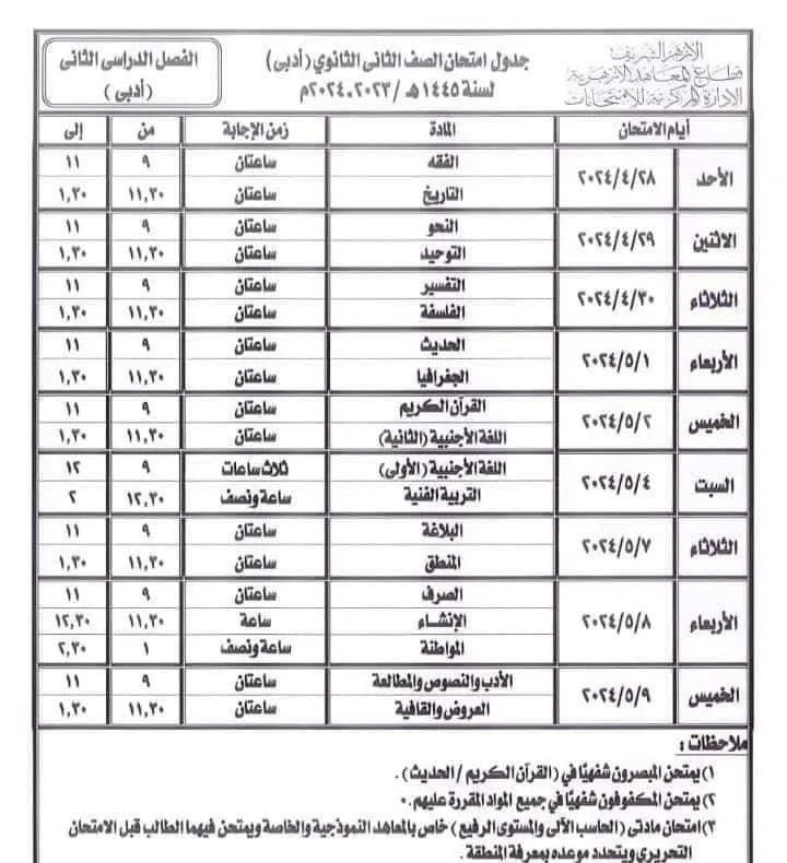 ننشر الجداول الجديدة للنقل الثانوي بالأزهر بعد استبعاد أيام الإجازات " مستندات "