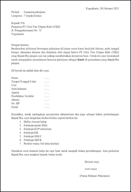 Contoh Application Letter Untuk Kurir TIKI (Fresh Graduate) Berdasarkan Informasi Dari Job Fair