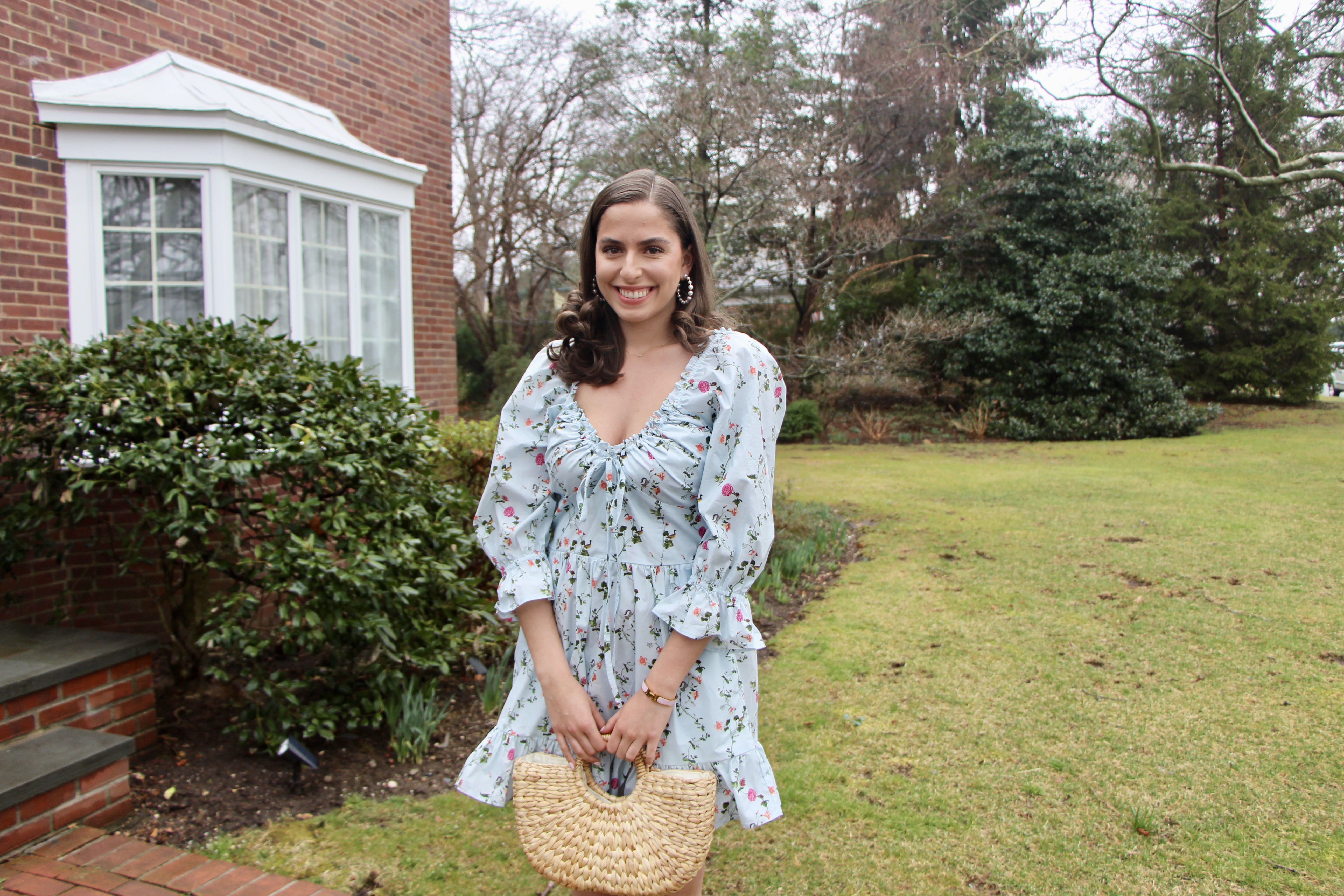hill house dress, floral dress, straw bag, spring dress, spring outfit, spring