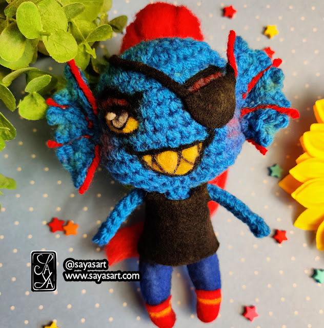 saya's art plush plushie crochet doll poupée art amigurumi art doll crocheter feutrine laine yarn felt felting undyne undertale jeu vidéo video game cute kawaii handmade france artist artiste commission commande