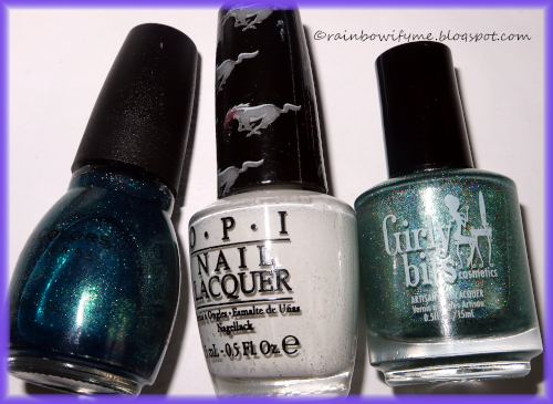 Sinful Colors: Kissy, OPI: Angel With A Leadfoot, Girly Bits: Sprout And About