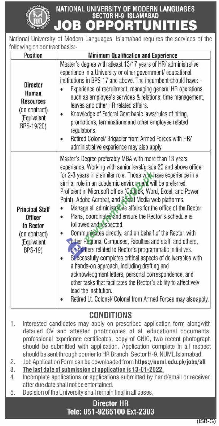 NUML Jobs 2022 – National University Of Modern Languages