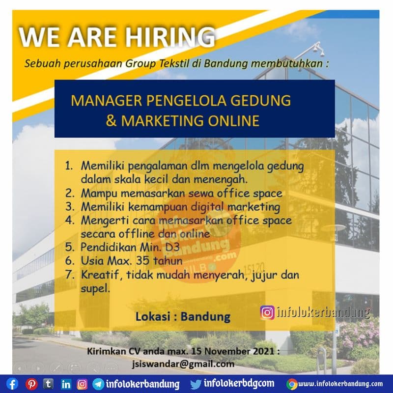 Lowongan Kerja Manager Pengelola Gedung & Marketing Online Perusahaan Group Textile Bandung November 2021