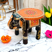 Vintage Clock Wooden Handcrafted Elephant Table with Artistic Painting