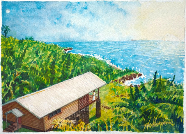 Watercolour of a small house in tropical vegetation overlooking an ocean at sunrise, "Le Sud Sauvage," by William Walkington.