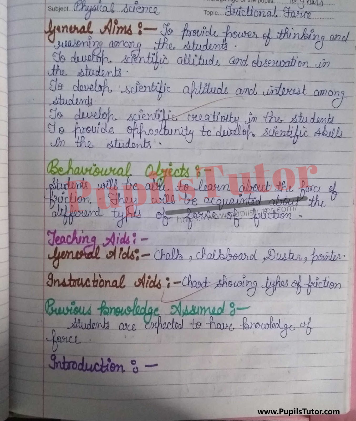 Physical Science Lesson Plan For Class 11 On Friction – (Page And Image Number 1) – Pupils Tutor