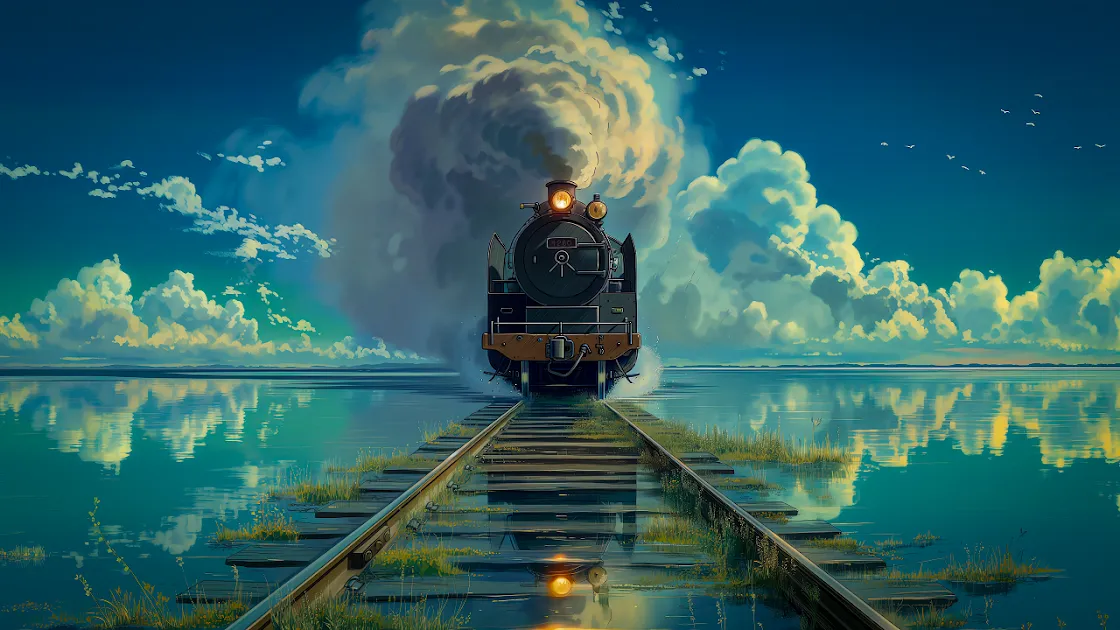 Enchanted rails, whimsical locomotive, fantasy world wallpaper, serene reflection, magical journey, storybook scenery, animated adventure, tranquil voyage, ethereal skies, dreamy landscapes, mystical travel. pc wallpaper 4k
