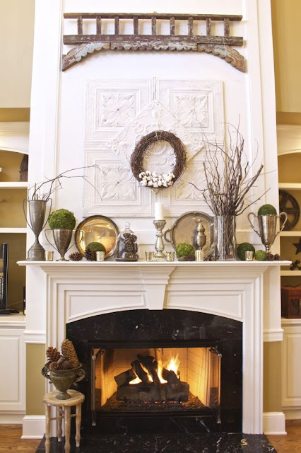 winter mantle with rustic and vintage items