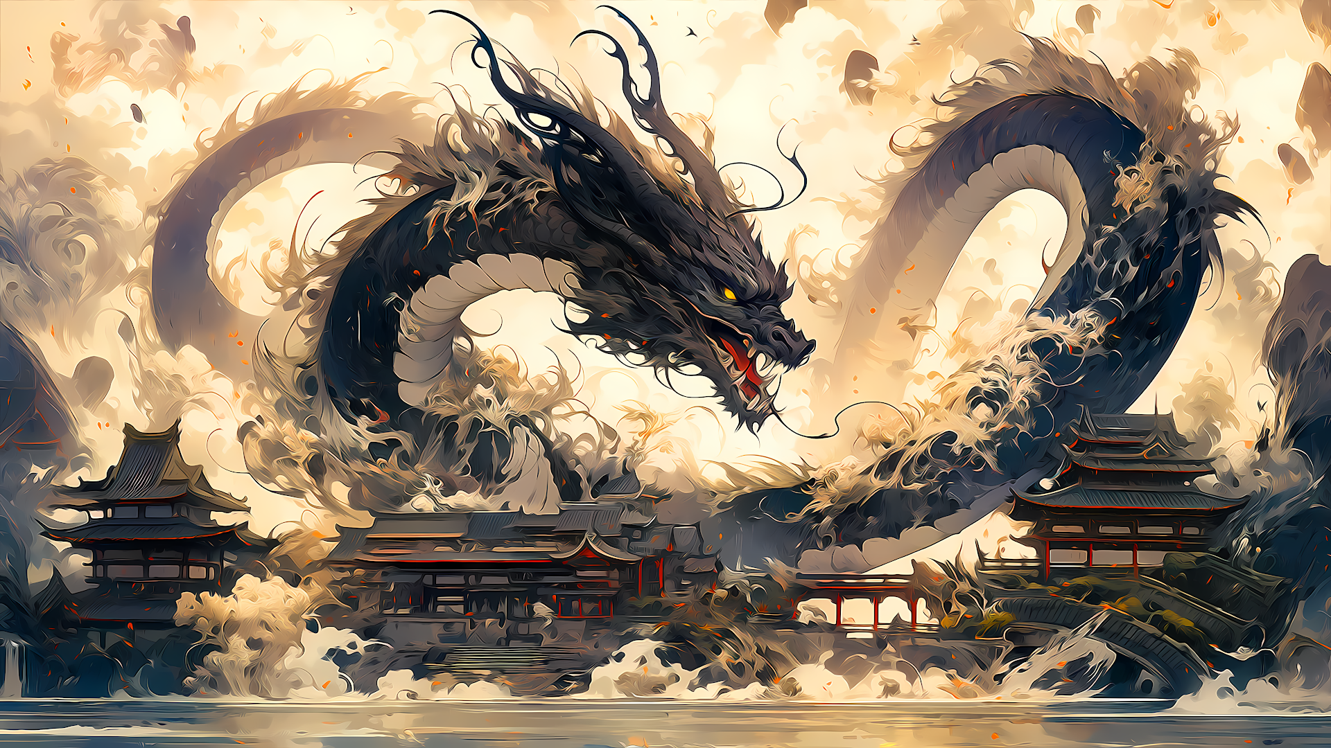 A 4K wallpaper featuring a massive, black dragon looming over a traditional Chinese city, with fire and smoke rising from buildings.