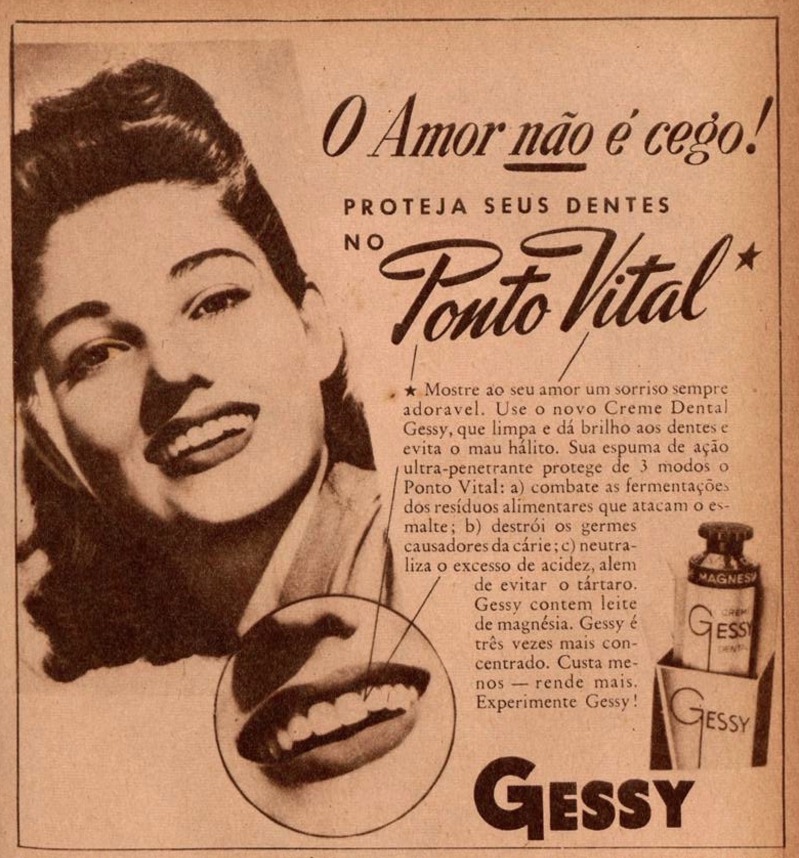 Propaganda antiga da Gessy veiculada em 1943 promovendo os benefícios do seu creme dental