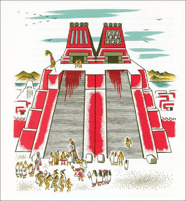 Великий храм Теночтитлана на рисунке Мигеля Коваррубиаса