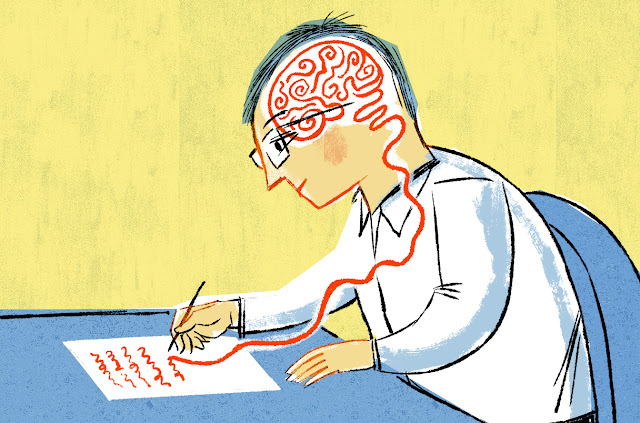 An image of a man writing his brain matter onto some paper.
